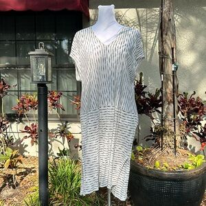 Eileen Fisher Organic Linen long Tunic off white with black lines drop sleeves